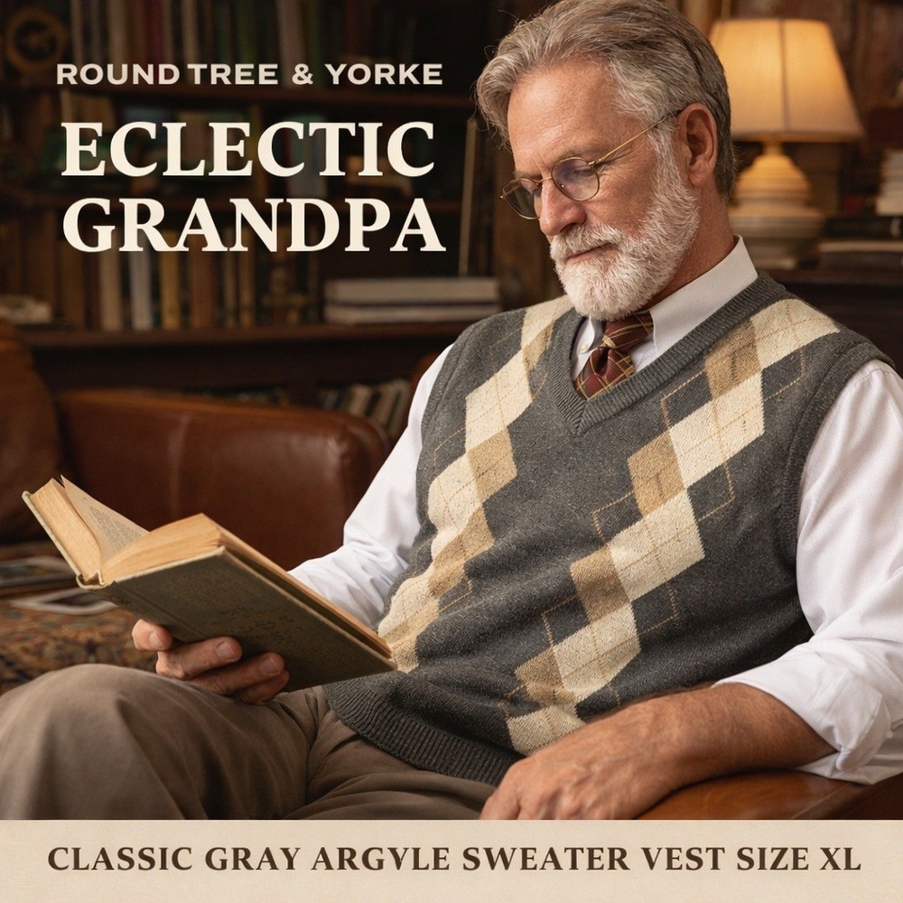 Roundtree & Yorke Gray Argyle V-Neck Sweater Vest‎ XL Preppy Eclectic Grandpa
